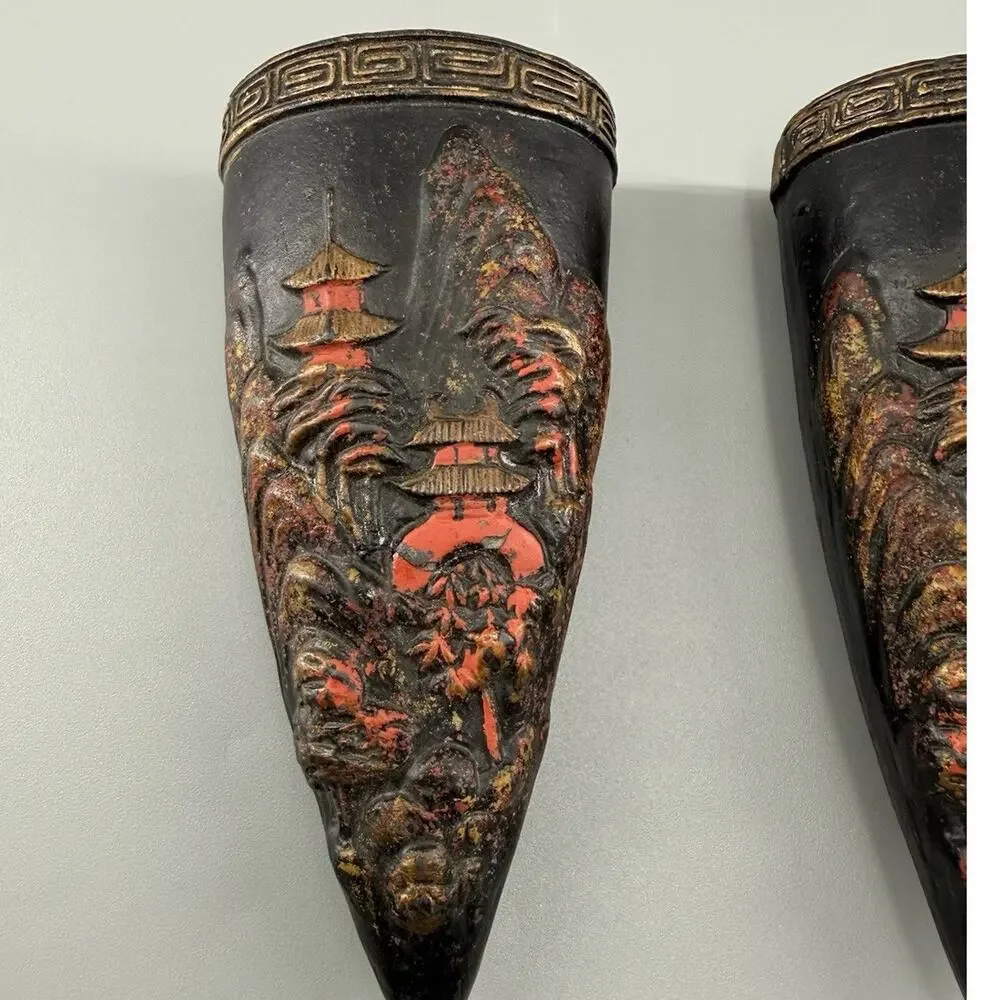 Vintage Pair Made in Japan Wall Pocket Planters Pagoda Asian Relief Decor Vase